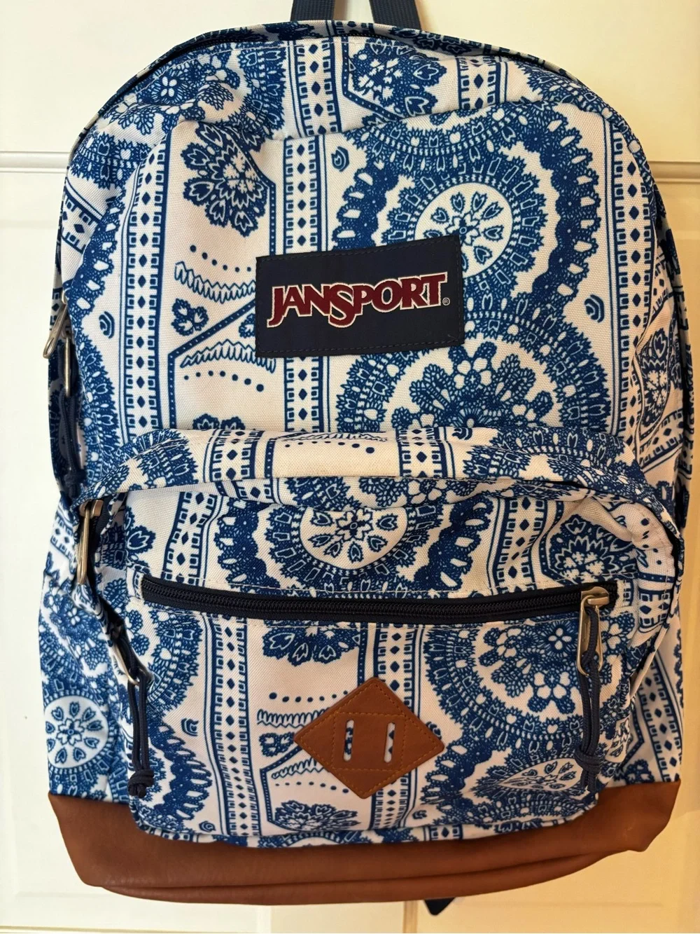 Jansport White and Blue Paisley Backpack with Brown Accent